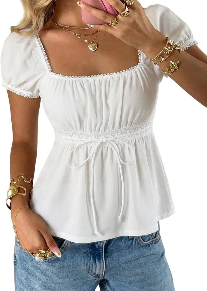 SOLY HUX Women's Square Neck Short Sleeve Peplum Tops Cute Summer Blouse for Teen Girls Babydoll ... | Amazon (US)