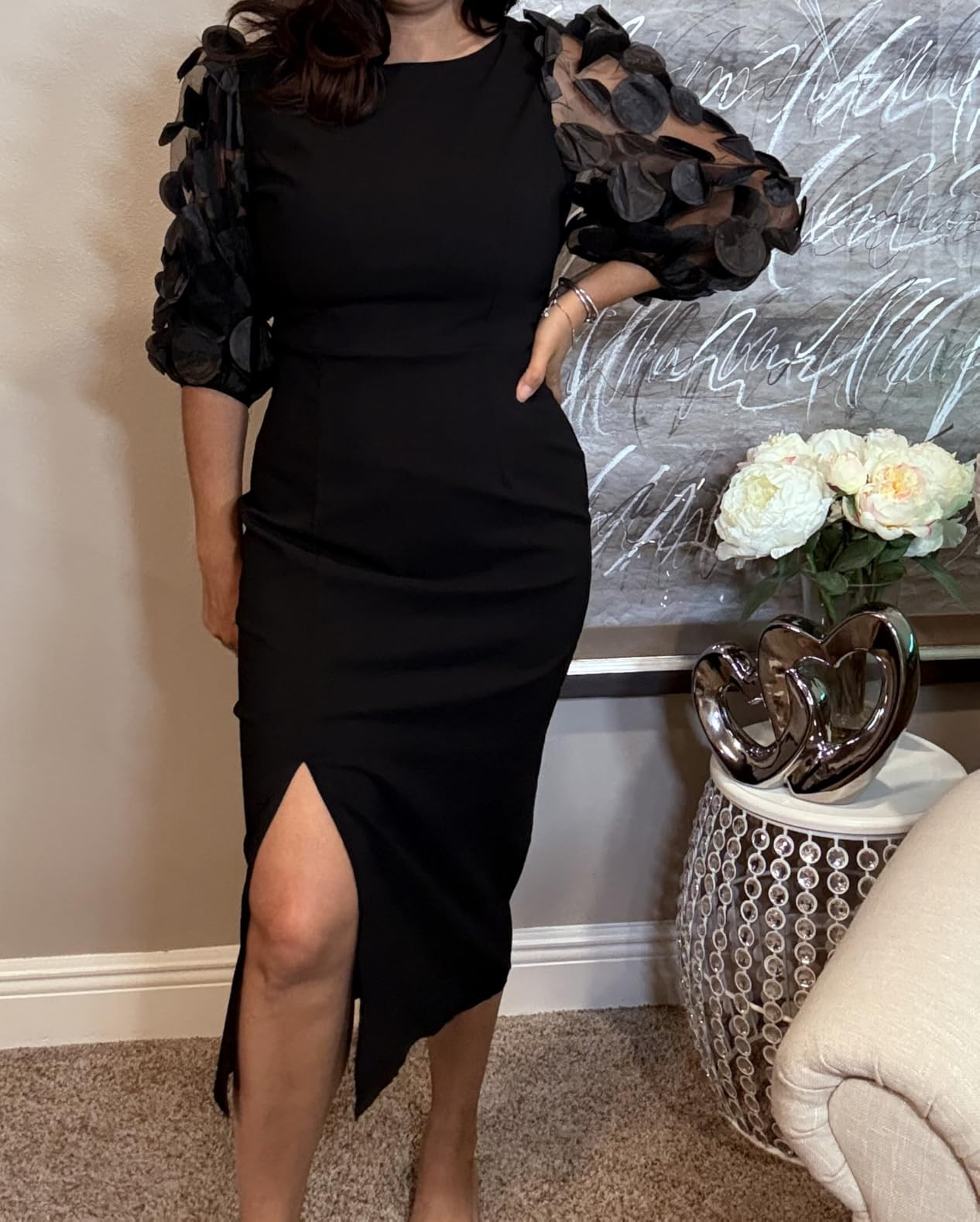 CHICME Bodycon Midi Dress for Women 2025 Mesh Puff Sleeve Slit Work Cocktail Wedding Dresses with... | Amazon (US)