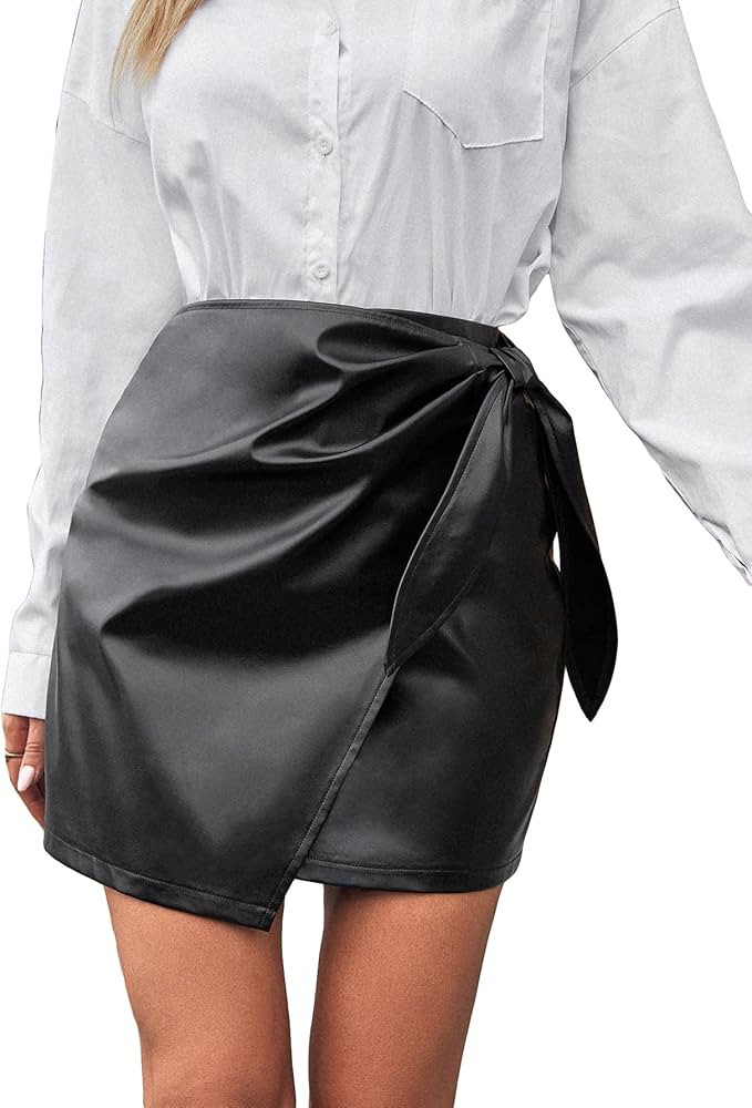 WDIRARA Women's PU Leather Tie Side High Waisted Wrap Skirt Simple Office Mini Skirt | Amazon (US)