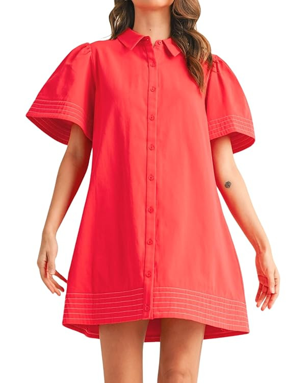 Womens Short Sleeve Button Down Mini Shirt Dress Lapel Collar Short Dresses with Pocket | Amazon (US)
