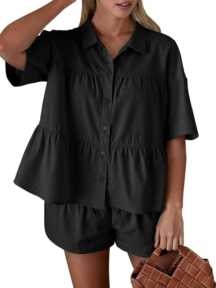 Cicy Bell Womens 2 Piece Outfits Summer Pleated Button Down Shirts High Waisted Shorts Lounge Set... | Amazon (US)