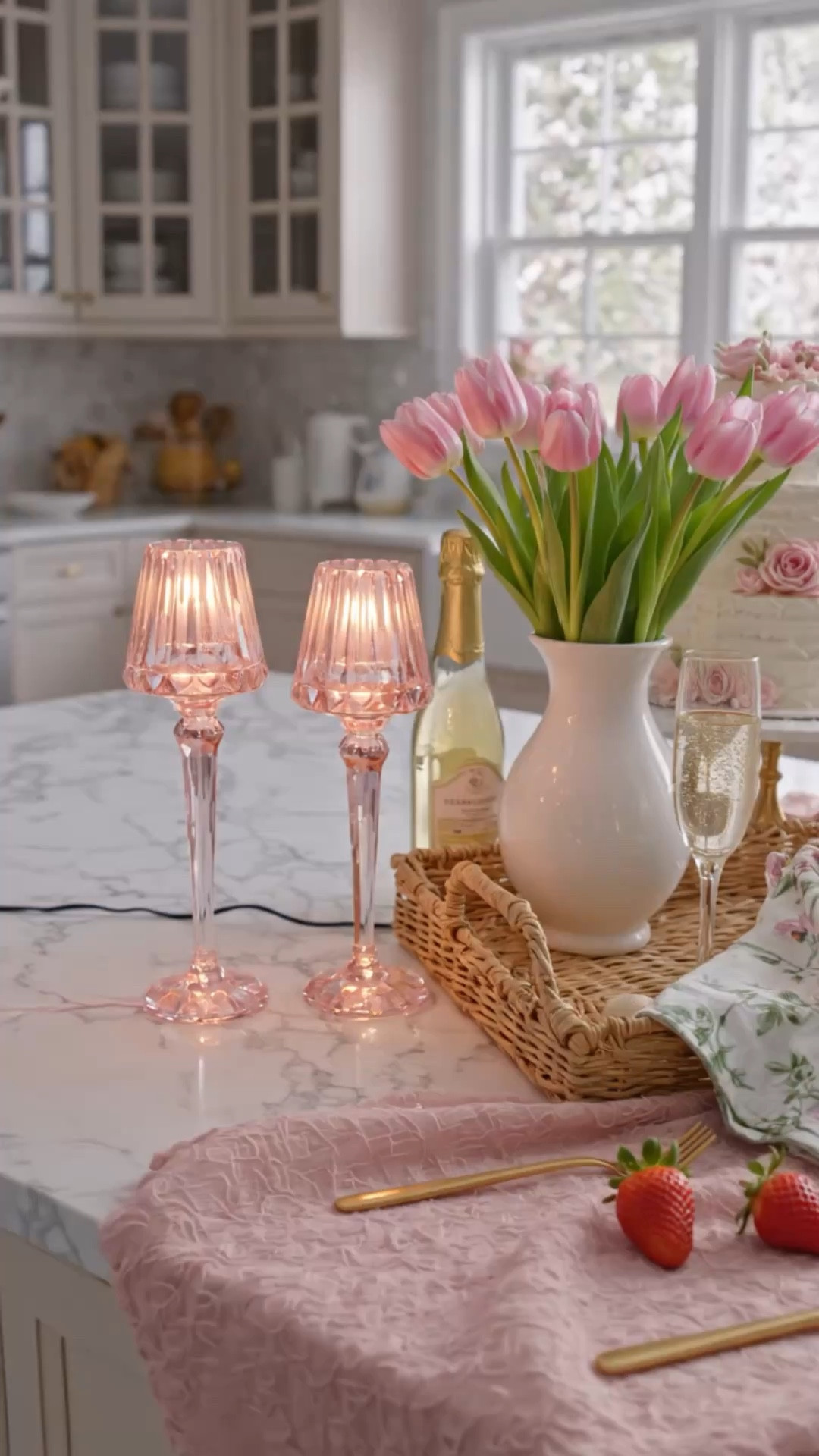 After a long day… this is my favorite way to reset.

A simple tray setup, soft candlelight, and a glass of sparkling —
it doesn’t take much to turn your kitchen island into something special.

Loving the details here… the fluted glasses, the woven tray, and that floral linen just make everything feel a little more intentional. #kitchenisland #tabletop #traydecor #wineglass #flutedglass #woventray #rattantray #floralnapkin #tablelinen #candlelight #homedecor #springdecor #cozyhome #aesthetic

#LTKHome #LTKFestival #LTKMothersDay
