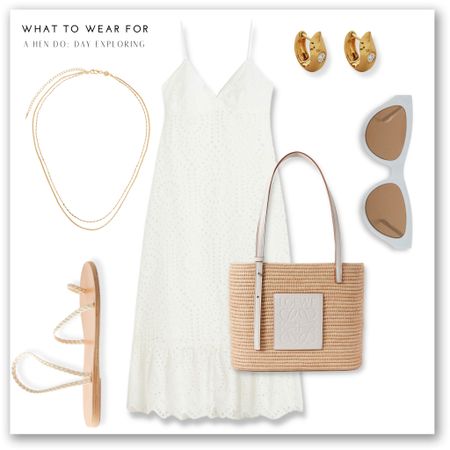 A summer day look for a hen do 🤍 

Bride to be, hen look, all white, wedding inspo, Loewe basket, broderie midi dress