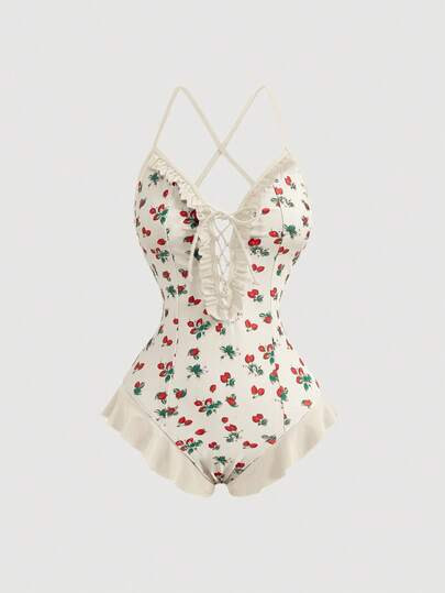 SHEIN MOD Traje de baño de una pieza con volantes, parches y estampado de fresa con colores cont... | SHEIN