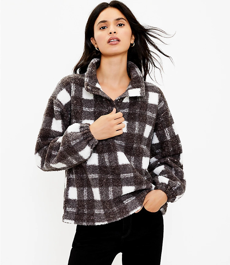 Plaid Sherpa Snap Collar Top | LOFT