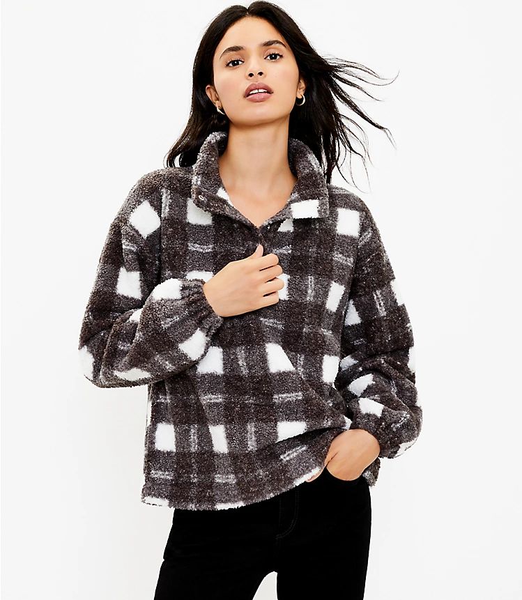 Plaid Sherpa Snap Collar Top | LOFT