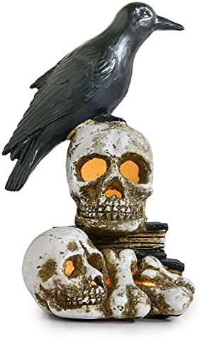 Lvydec Skulls and Crow Halloween Figurines Decoration, Pre-Lit Halloween Raven Figurine with Buil... | Amazon (US)