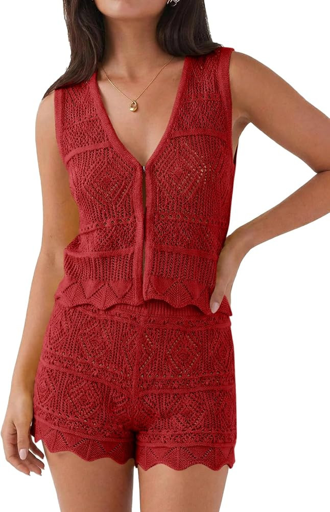Tankaneo Womens 2 Piece Crochet Short Sets Summer V Neck Vest Tank Tops Cover Up Beach Mini Short... | Amazon (US)