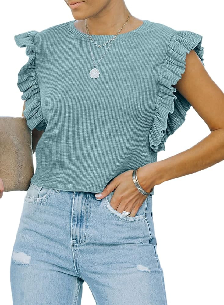 BLENCOT Women Ruffle Sleeve Tops Summer Casual Ribbed Knit Solid Crew Neck Tunic Y2k Tee Shirts S-XX | Amazon (US)