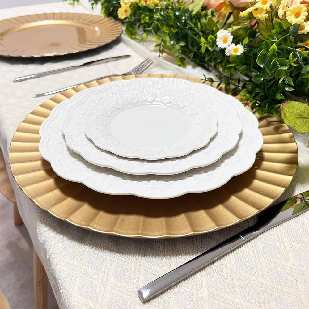 UOEKCS 13" Gold Charger Plates, Round Plate Chargers with Waved Scalloped Rim, Plastic Plate Char... | Amazon (US)