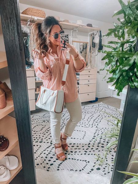 Casual spring outfit Oversized button down blouse Xl runs roomy, multiple colors Crossbody tote bag Amazon find Cream white straight leg jeans tts 14 have stretch on sale today (code 20TARYN saves you $) Wood mule sandals target find tts Sunglasses Amazon

#LTKunder50 #LTKSeasonal #LTKcurves