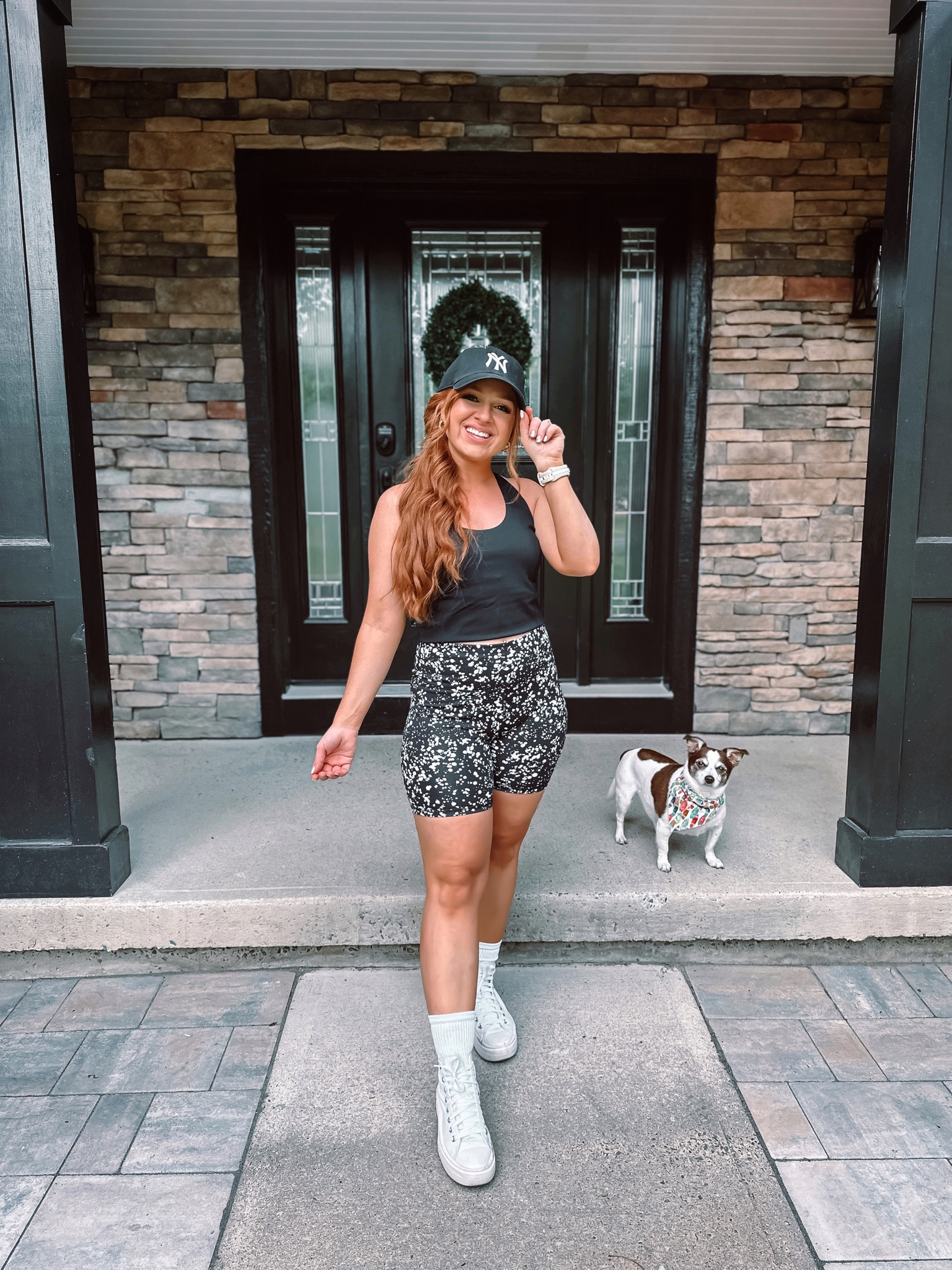 Fabletics athletic set! 

Medium bra top 
Medium biker shorts

Converse platform high tops - size 7 but they run large 

#LTKFitness #LTKcurves #LTKstyletip