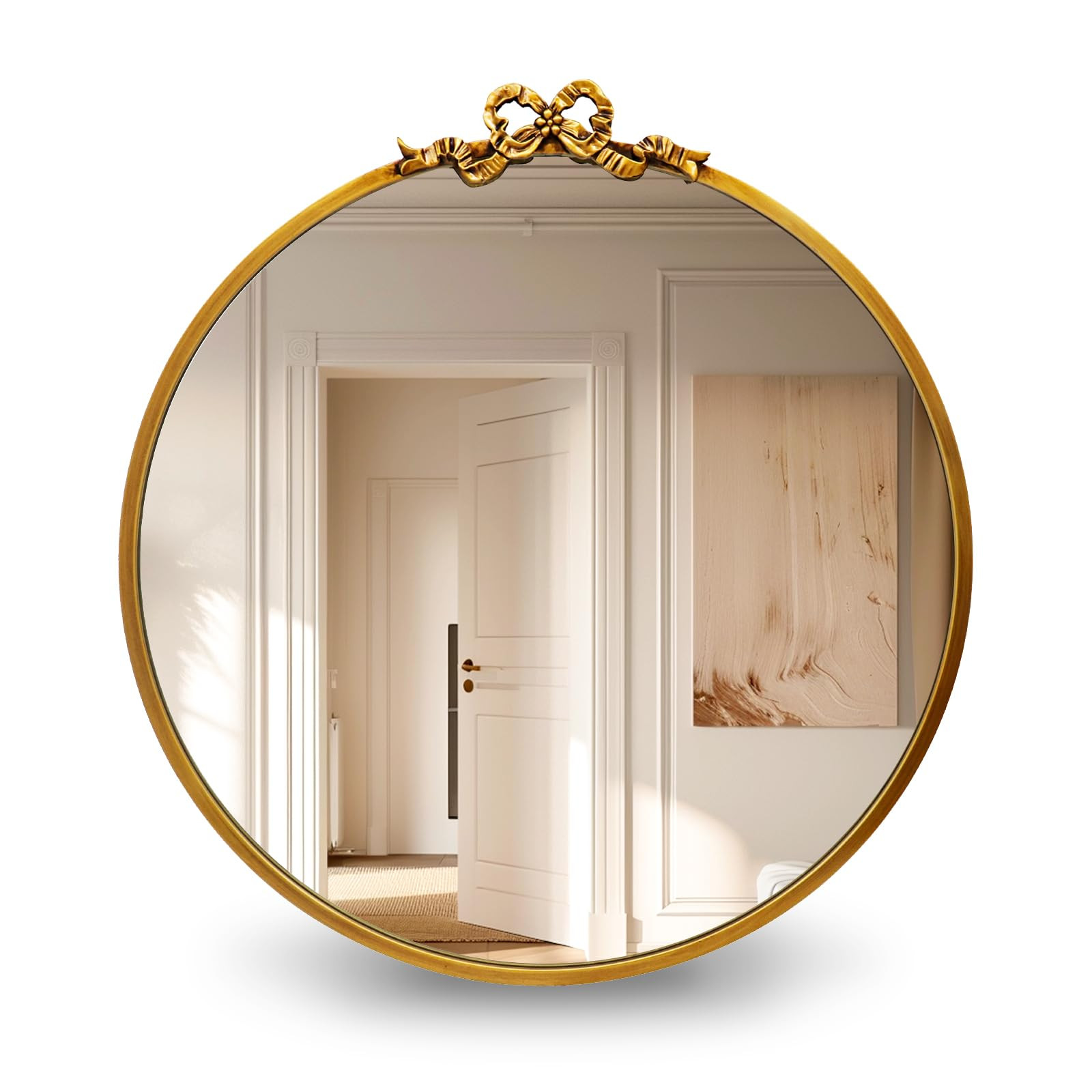 Vintage Round Gold Bow Mirror: 23.6" Antique Bathroom Vanity Mirrors with Metal Frame - Baroque Ornate for Entryway/Bedroom/Hallway/Mantle- Home Wall Decor for Living Room | Amazon (US)