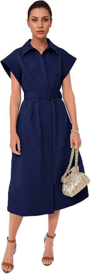 Haellun Women's Elegant Dress Classy Turn Down Collar Shirt Dress with Belt Short Wing Sleeve Tre... | Amazon (US)