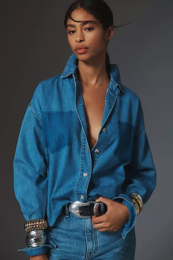 MABLE Long-Sleeve Burnout Pocket Denim Buttondown Shirt | Anthropologie (US)