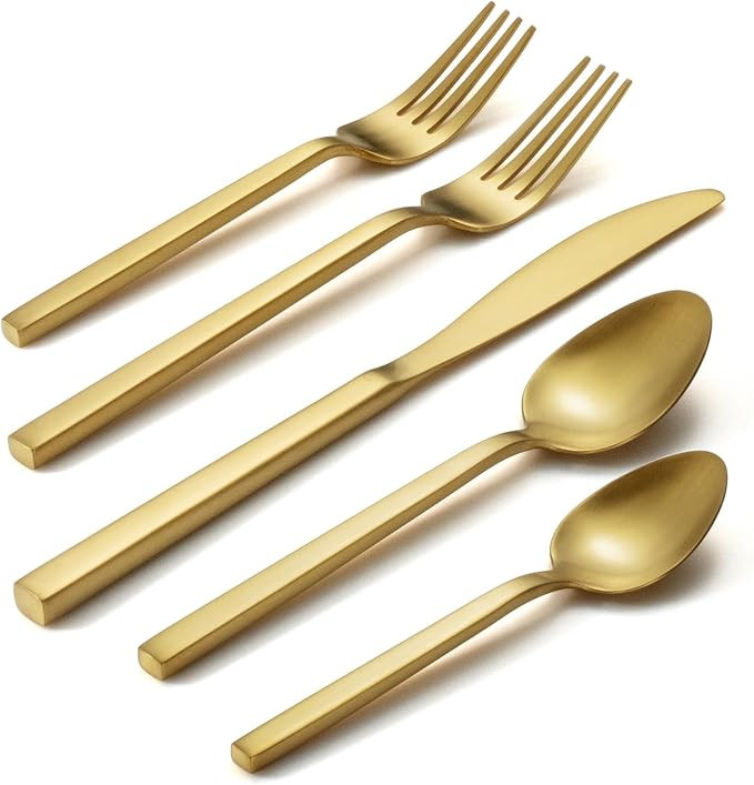 Cube Gold 20-Piece Flatware Set, Forged Cutlery Set, Matte Gold Silverware Service for 4, Stainle... | Amazon (US)