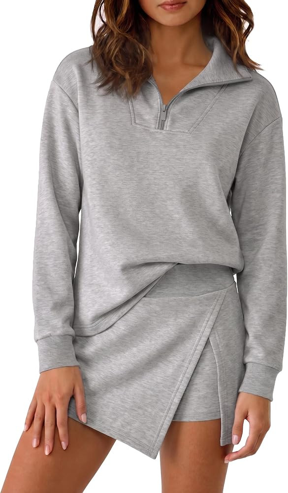 Fisoew Womens 2 Piece Skirt Sets Half Zip Sweatshirt Athletic Skorts | Amazon (US)