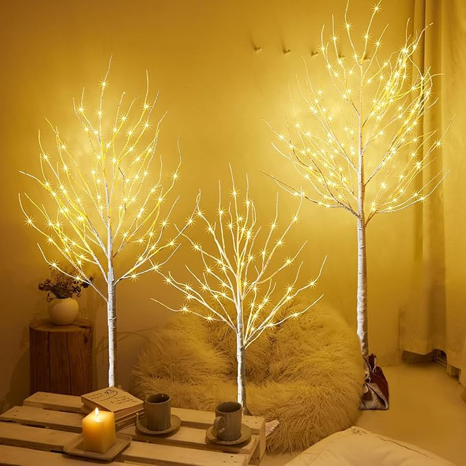 Outdoor Christmas Decoration Lighted Birch Tree, 3 Packs LED Prelit Light up Tree with Burlap Dec... | Amazon (US)