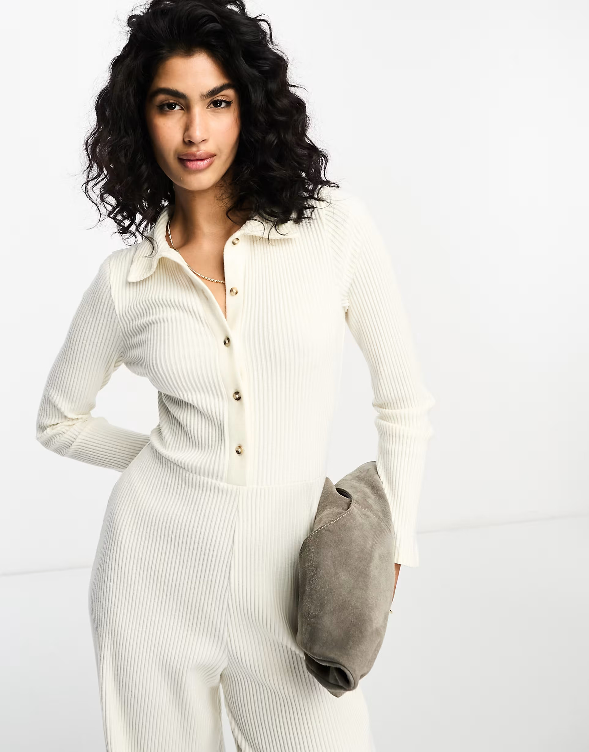 ASOS DESIGN super soft button up ribbed jumpsuit in ivory | ASOS (Global)