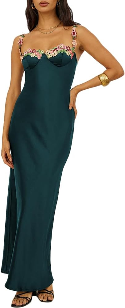 Sexy Satin Spaghetti Strap Floral Embroidered Maxi Dress for Women Sweetheart Neckline Backless S... | Amazon (US)