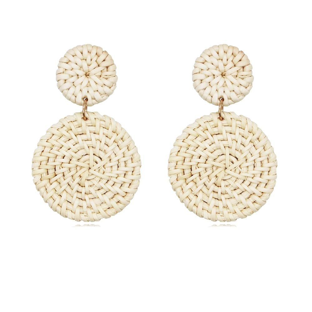 Rattan Raffia Earrings Handmade Cute Bohemia Raffia Boho Round Circle Straw Wrap Lightweight Dang... | Amazon (US)