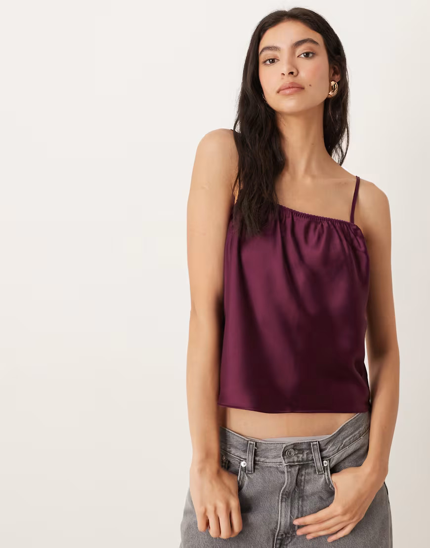 ASOS DESIGN satin cami top with lingerie details in plum-Purple | ASOS (Global)