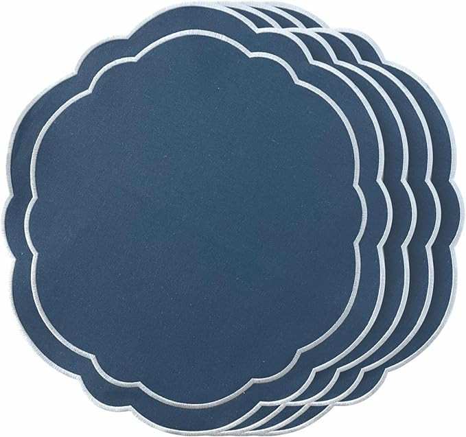 Round Placemats Set of 4, Cotton Linen- Double Layered, Luxury Scalloped Embroidered Cloth Table ... | Amazon (US)