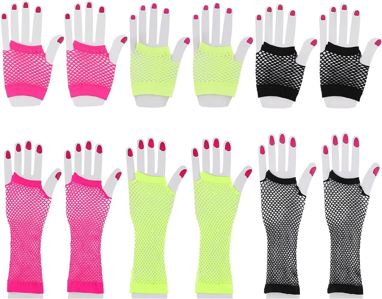 6 Pairs Fingerless Mesh Neon Gloves for Women and Girls 80s 90s Fishnet Gloves Long and Short Net... | Amazon (US)