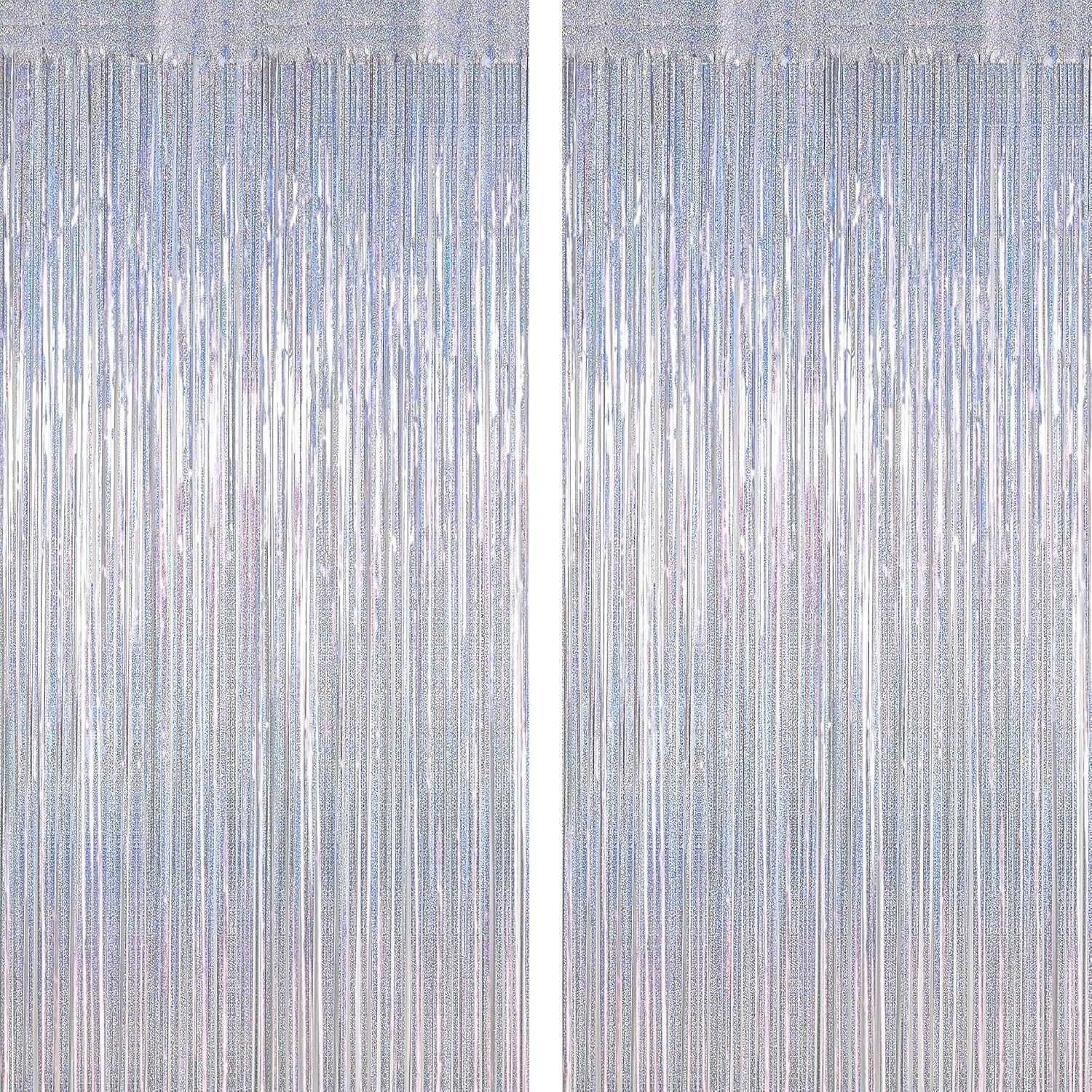 2 Pack Silver Metallic Tinsel Foil Curtains, 3.28 FT x 7.05 FT Glitter Silver Fringe Curtains, Ne... | Amazon (US)