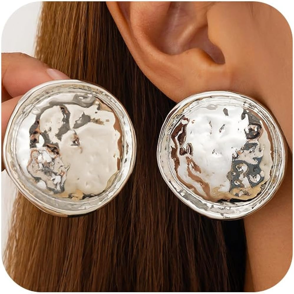 Large Hammered Round Statement Earrings for Women Exaggerated Big Geometric Hammer Dangle Earring... | Amazon (US)