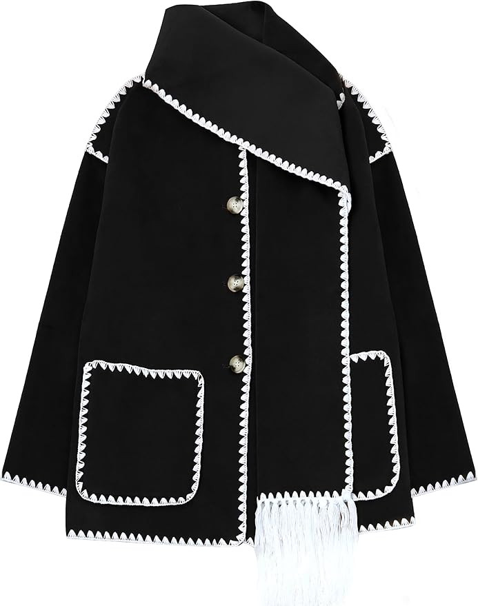 SeekMe Womens Embroidered Scarf Jacket Oversized Wool Blend Coat Button Down Winter Outerwear wit... | Amazon (US)