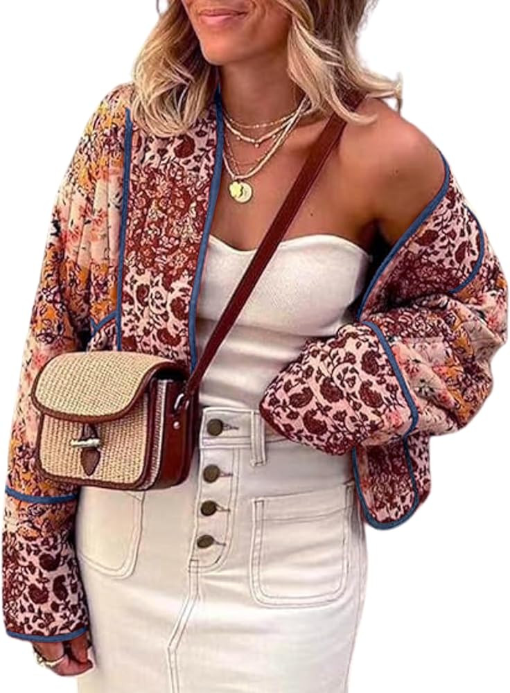 Omoone Women's Cropped Floral Reversible Quilted Jacket Cardigan Printed Lightweight Open Front P... | Amazon (US)