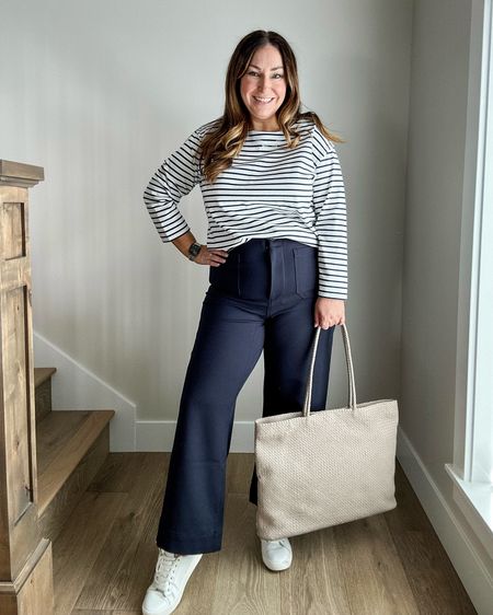 Spring Casual Workwear | Wearing navy cropped flare pants in 12 but are higher rise // stripe top tts, L 

Spring workwear, quince, affordable workwear, Evereve, size 12, size 14 

#LTKworkwear #LTKmidsize #LTKSeasonal