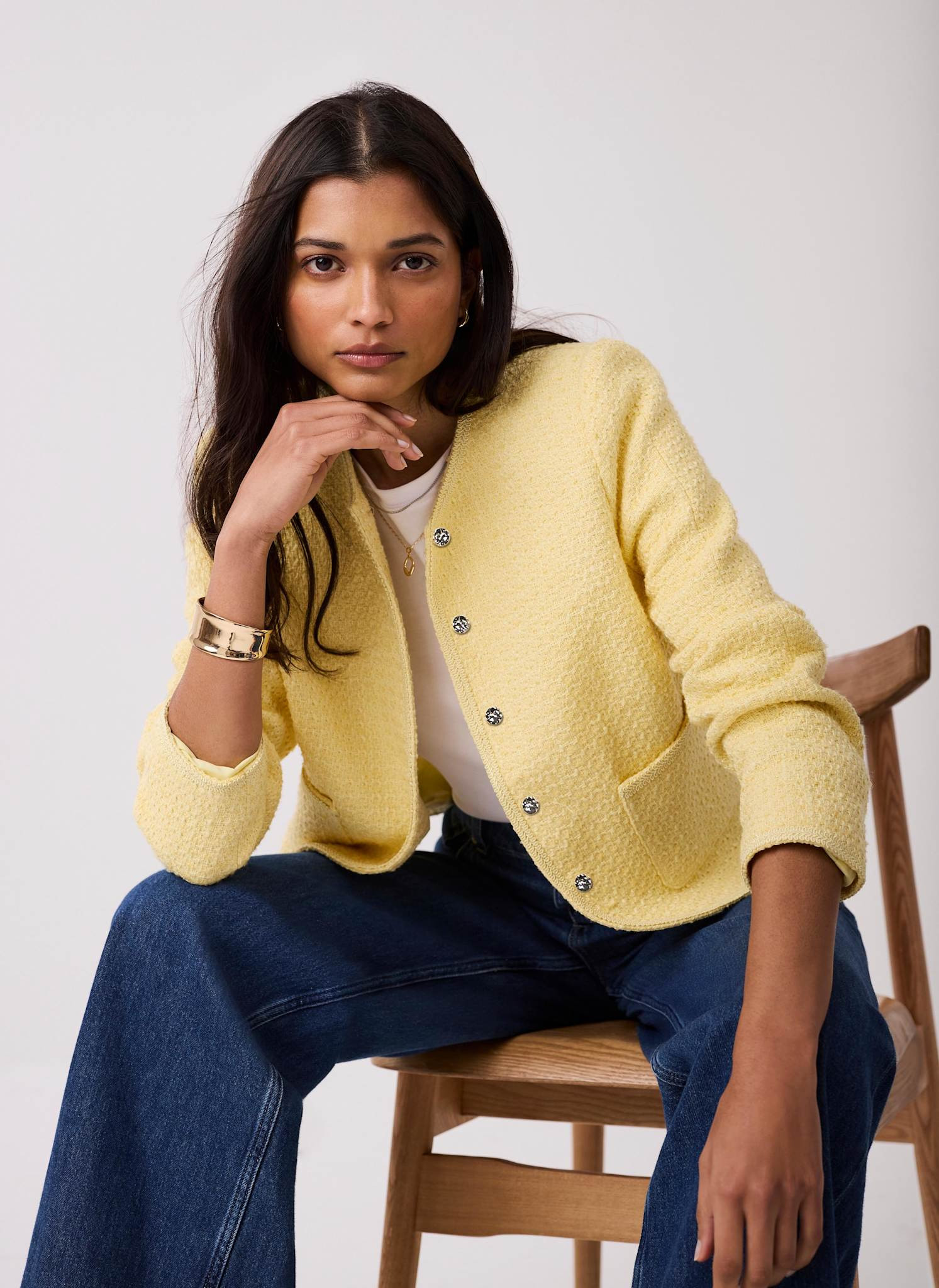 Yellow Boucle Cotton Blend Jacket | Mint Velvet