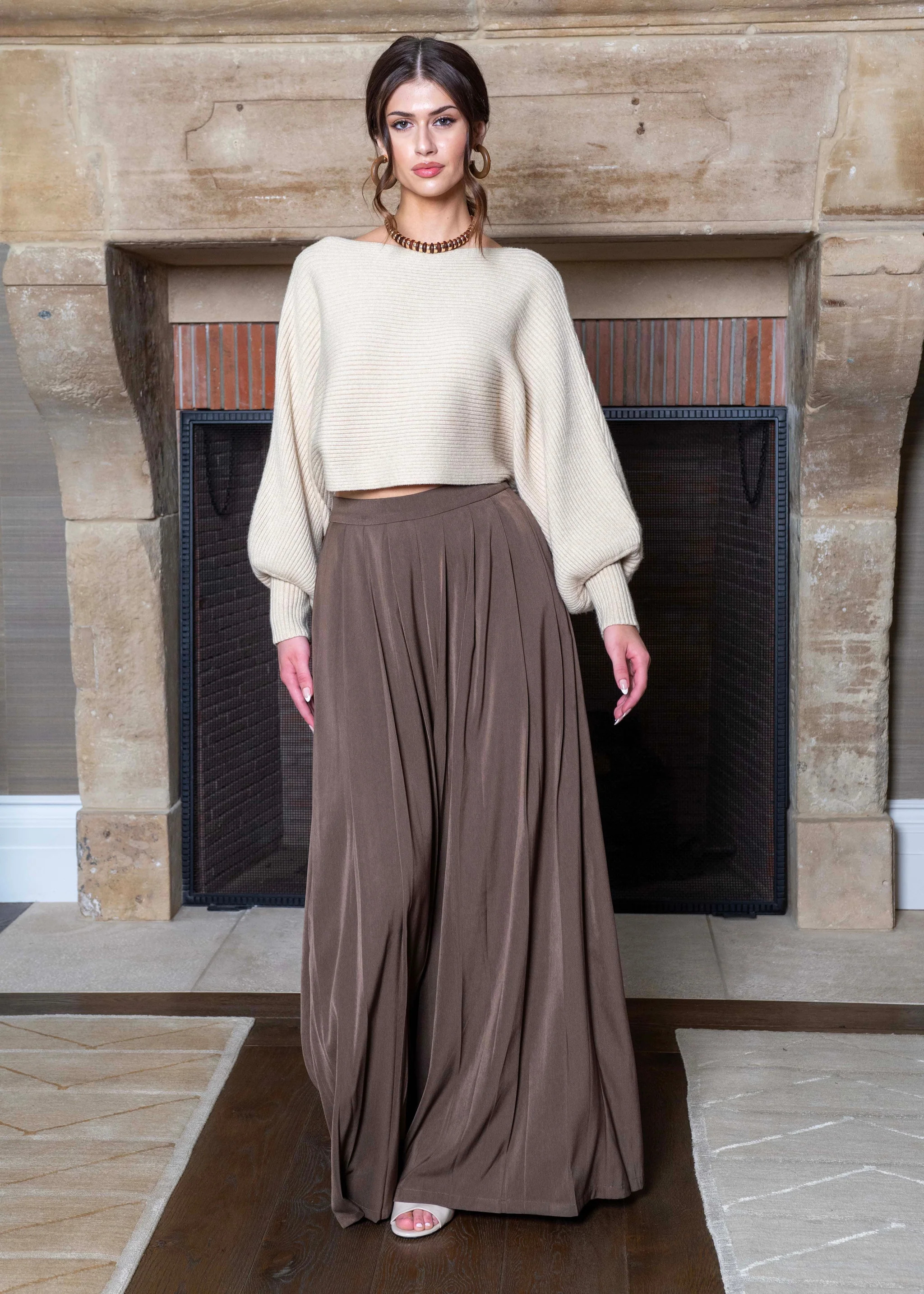 Janette Wide Leg Pleated Pants - Chocolate Brown | Benaar La