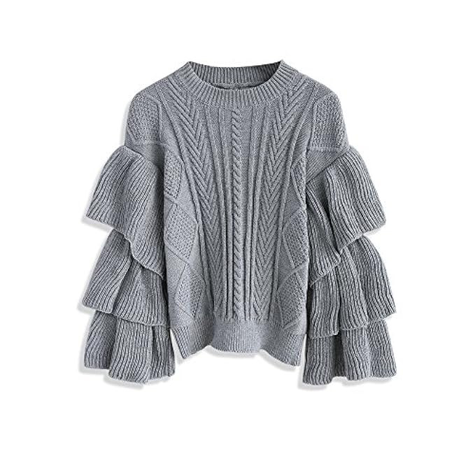Chicwish Women's Comfy Casual Long Sleeve Grey/Ivory/Black Cable Knit Top Pullover Sweater with Tier | Amazon (US)