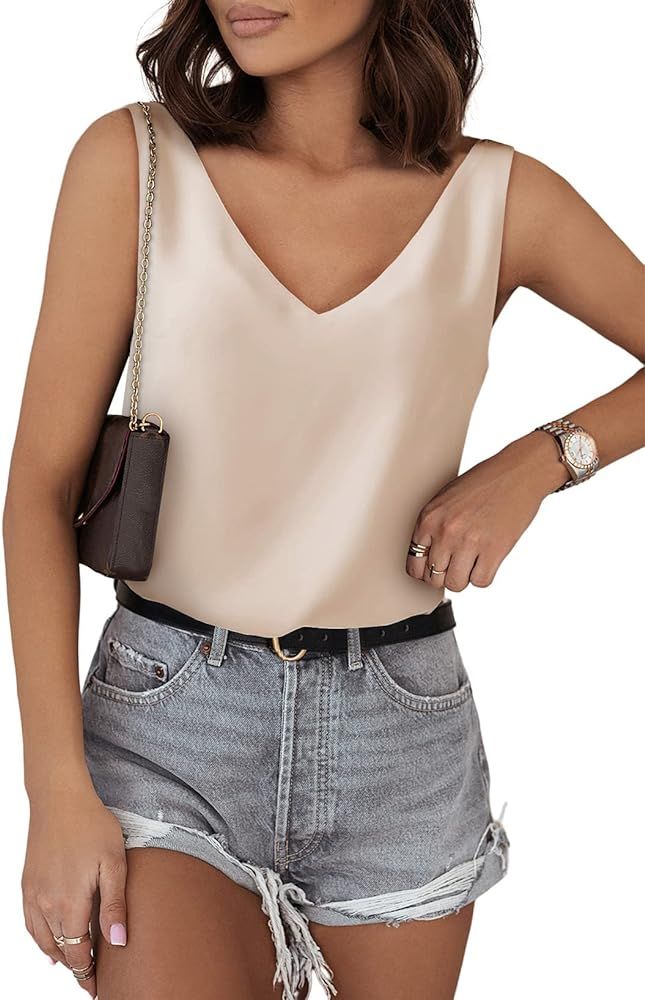 BLENCOT Tank Tops for Women V Neck Silk Summer Satin Sleeveless Blouses 2024 Basic Camisole Shirt... | Amazon (US)