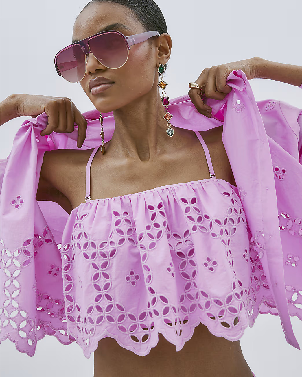 Pink Cropped Broderie Cami Top | River Island UK & IE