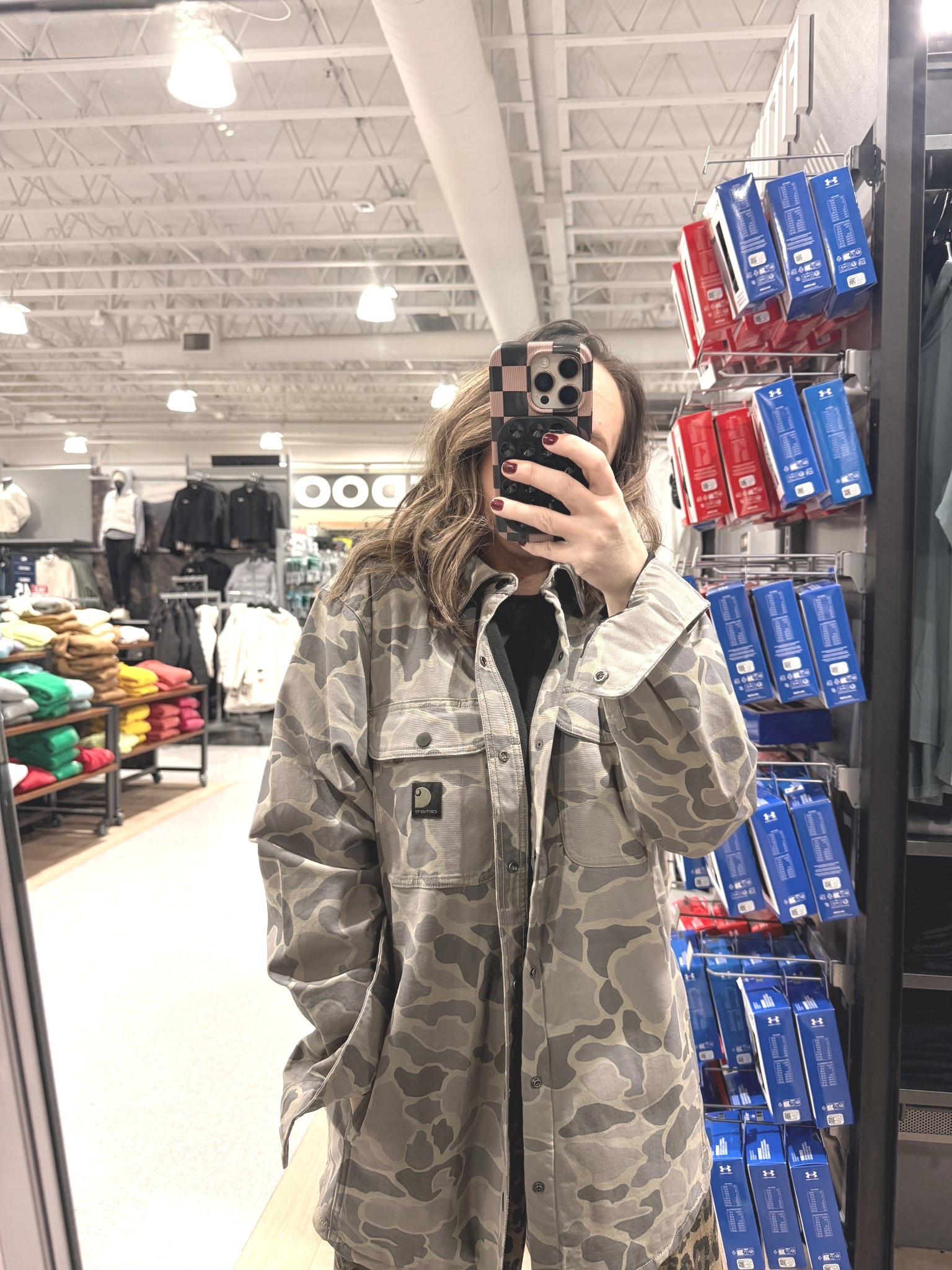 I was so sad this jacket wasn’t a size smaller! Mens fleece lined camo carhart for the win! Pictured is a men’s medium. #mensjacket #oversizedjacket #camo