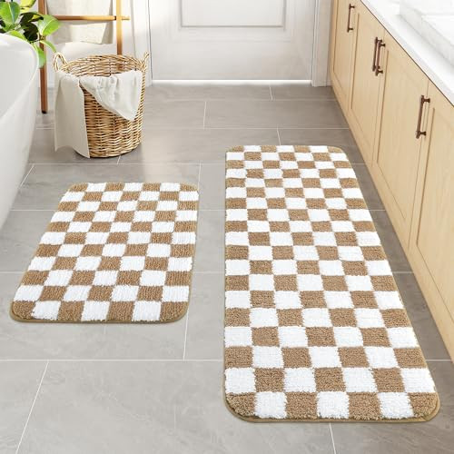 Uphome Bathroom Rugs Sets 2 Piece, Khaki Checkerboard Bathroom Runner, Non Slip Water Absorbent B... | Amazon (US)