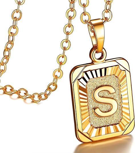 FOCALOOK Initial Letter Pendant Necklace Mens Womens Square Capital Letter Platinum/Yellow Gold P... | Amazon (US)
