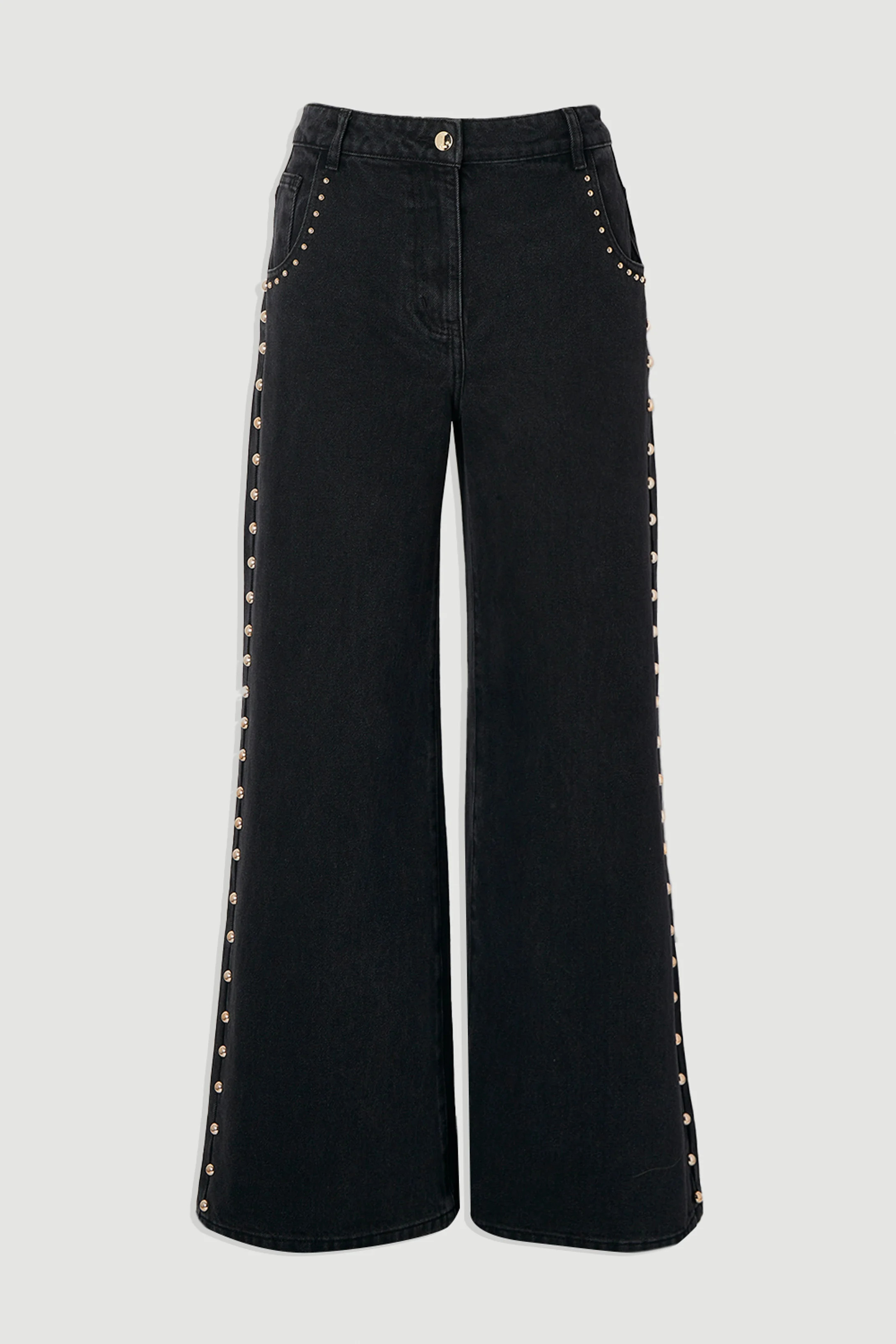 Denim Studded Wide Leg Trouser | Karen Millen UK + IE + DE + NL