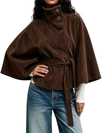 Women Faux Suede Poncho Coat Funnel Neck Belted Cape Cropped Trench Jacket | Amazon (US)