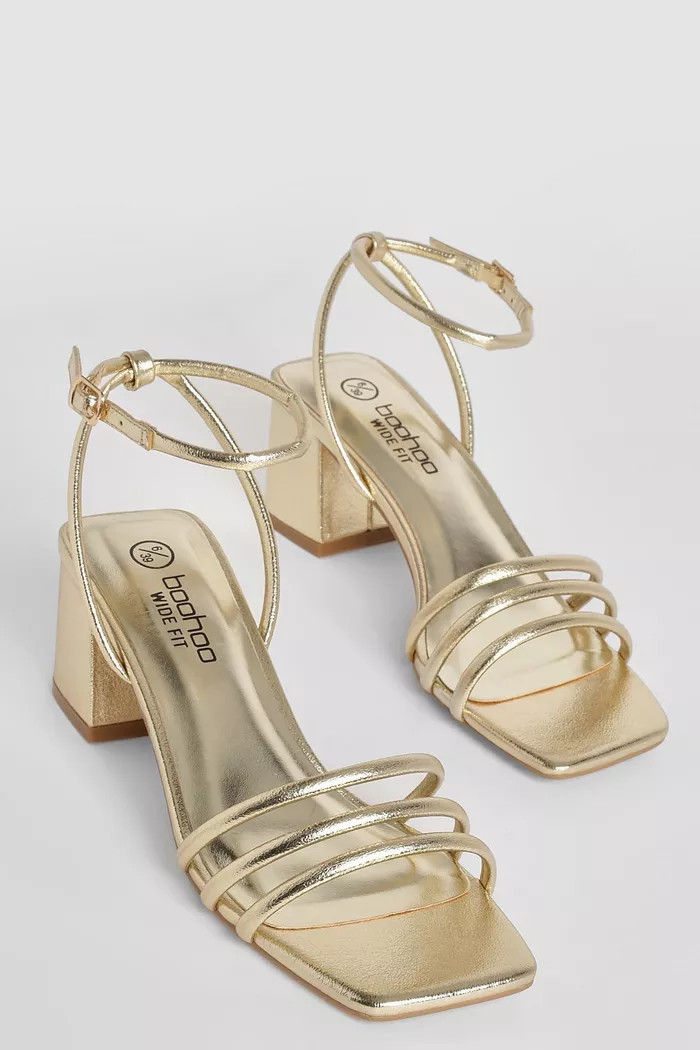 Wide Fit Square Toe Triple Strap Low Block Heel Sandals | Boohoo.com (UK & IE)