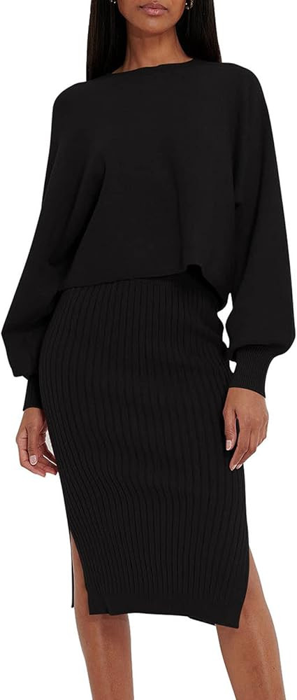 Pink Queen Women's 2 Piece Sweater Outfit Sets Puff Long Sleeve Knit Top and Bodycon Slit Midi Sk... | Amazon (US)