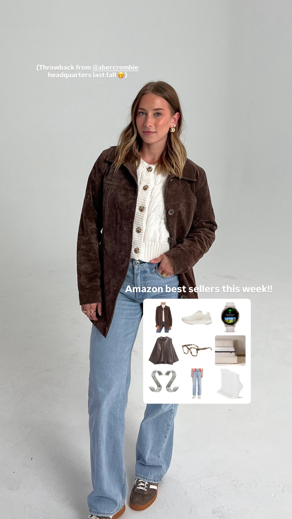 9/8/25 This week’s Amazon bestsellers 🤎 Cozy staples + everyday favorites you’ve been loving:

• Brown suede leather jacket (one of my fave fall fashion finds from last year)
• Saucony Tempus sneakers
• Garmin Venu 3S watch
• Poncho-style sweater
• Amazon blue light glasses
• Our mattress we love
• S-hooks I use to organize my jeans
• Levi’s 94 Baggy Jeans (forever a favorite)
• My classic crew socks I wear daily

So many of my everyday go-to’s + cozy pieces for fall ✨

#LTKHome #LTKActive #LTKShoeCrush