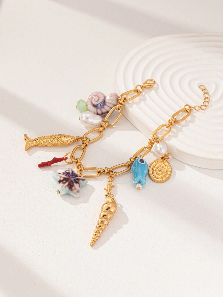 1 Pc Summer Vocation Ocean Sea Shell Fish Starfish Conch Coral Multi Charm Bracelet For Women | SHEIN