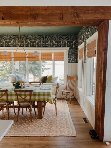 English cottage dining room home decor, wallpaper, cheap custom bamboo shades, loloi jute rug 