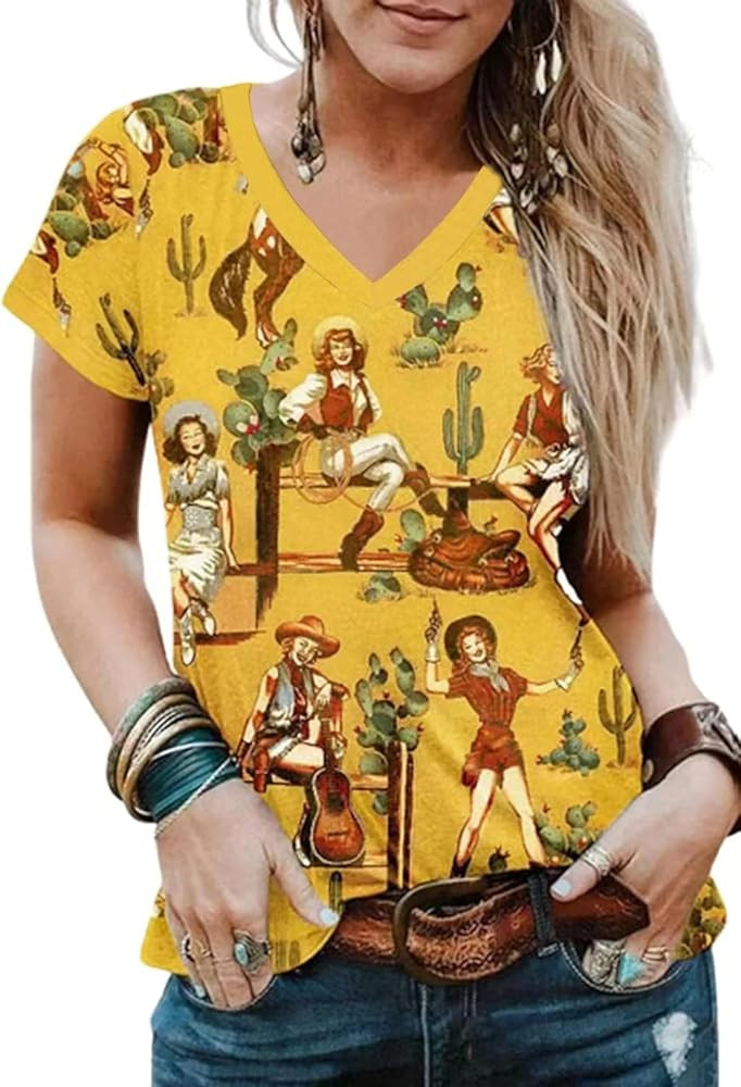 Women's Western Shirt Casual Cactus V-Neck T-Shirt Cowgirl Western Pattern Short Sleeve Loose Lad... | Amazon (US)