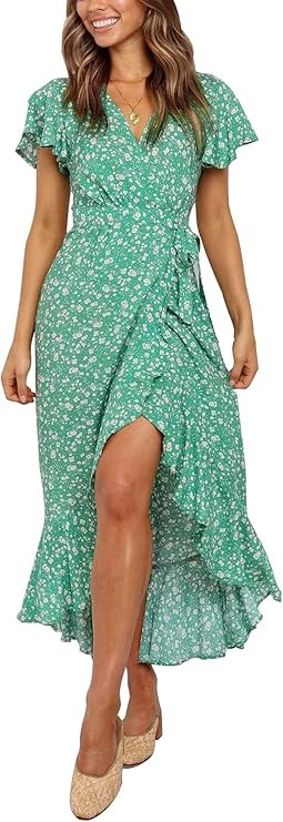 ZESICA Women's Summer Bohemian Floral Printed Wrap V Neck Beach Party Flowy Ruffle Midi Dress | Amazon (US)